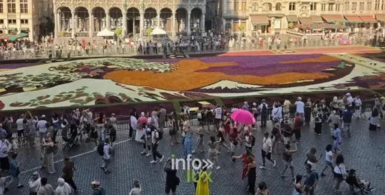 Foule sur les pavés de la Grand-Place de Bruxelles autour du tapis floral